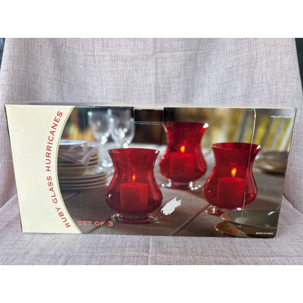 Costco Ruby Glass Hurricanes Set of 3 Red Excellent Holiday Decor 8 Inch